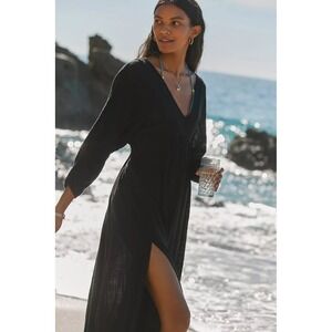 Malai‎ Womens Black V-Neck Long Sleeve Gathered Maxi Dress Side Slit Small
